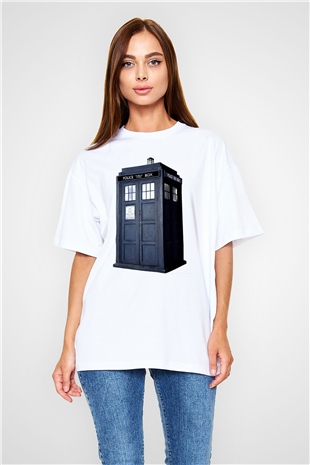 Unisex Tardis - Doctor Who Baskılı Beyaz Oversize T-shirt