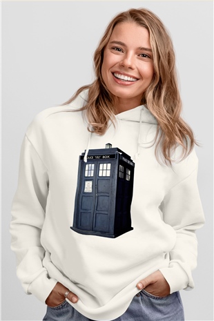 Unisex Tardis - Doctor Who Baskılı Beyaz Kapüşonlu Sweatshirt