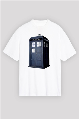 Unisex Tardis - Doctor Who Baskılı Beyaz Oversize T-shirt