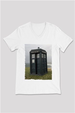 Unisex Tardis - Doctor Who Baskılı Beyaz V Yaka Tshirt
