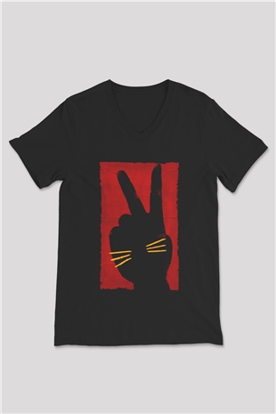 Unisex Tavşan Jojo (Jojo Rabbit) Baskılı Siyah V Yaka Tshirt