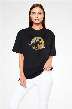 Unisex Tentenin Maceraları (The Adventures of Tintin) Baskılı Siyah Oversize T-shirt