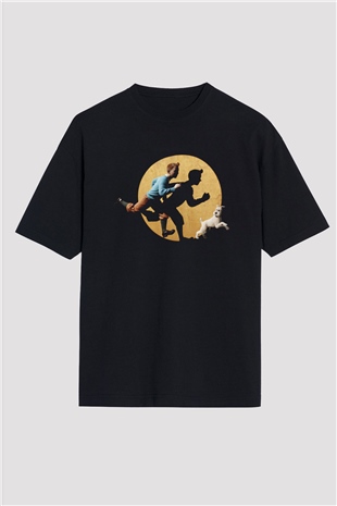 Unisex Tentenin Maceraları (The Adventures of Tintin) Baskılı Siyah Oversize T-shirt