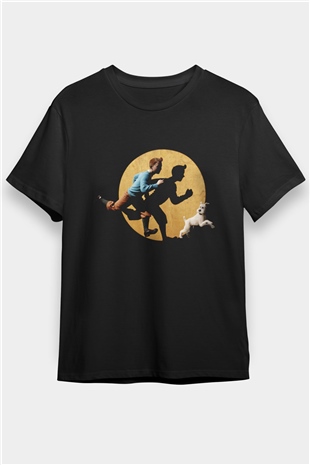 Tentenin Maceraları (The Adventures of Tintin) Baskılı Siyah T-Shirt