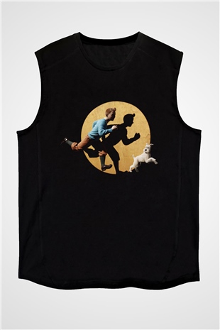 Unisex Tentenin Maceraları (The Adventures of Tintin) Baskılı Siyah Kolsuz T-shirt