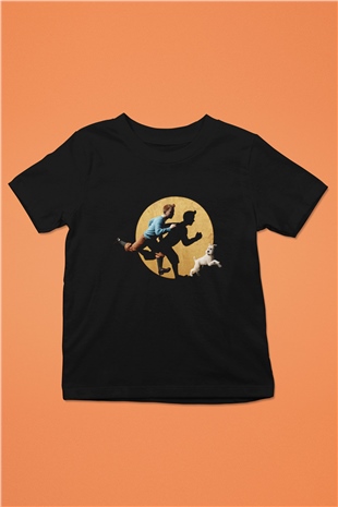 Unisex Tentenin Maceraları (The Adventures of Tintin) Baskılı Siyah Çocuk T-Shirt
