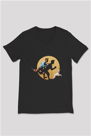 Unisex Tentenin Maceraları (The Adventures of Tintin) Baskılı Siyah V Yaka T-shirt