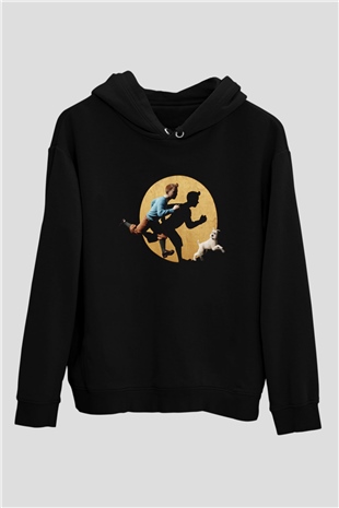 Unisex Tentenin Maceraları (The Adventures of Tintin) Baskılı Siyah Kapüşonlu Sweatshirt