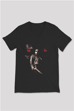Unisex Terminatör 2 Kıyamet Günü (Terminator 2 Judgment Day) Baskılı Siyah V Yaka T-shirt