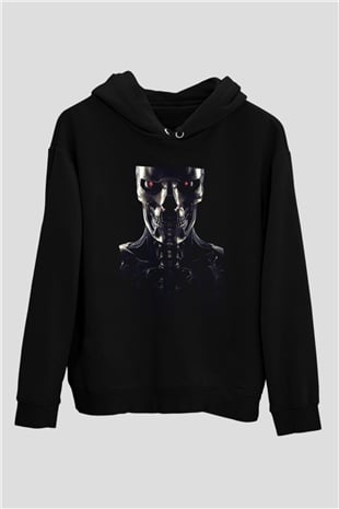 Unisex Terminator Baskılı Siyah Kapüşonlu Sweatshirt