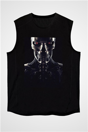Unisex Terminator Baskılı Siyah Kolsuz Tshirt