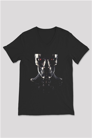 Unisex Terminatör Kara Kader (Terminator Dark Fate) Baskılı Siyah V Yaka Tişört