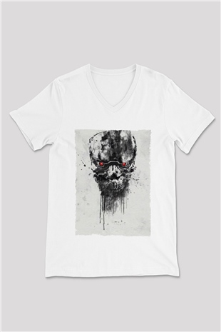 Unisex Terminatör Kara Kader (Terminator Dark Fate) Baskılı Beyaz V Yaka T-shirt