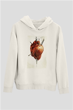 Unisex Tetikçi - Crank Baskılı Beyaz Kapüşonlu Sweatshirt