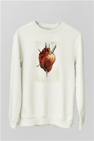 Unisex Tetikçi - Crank Baskılı Beyaz Sweatshirt