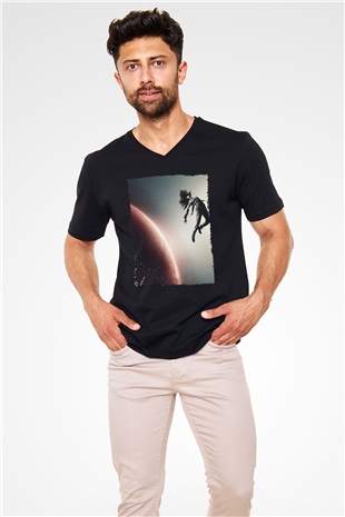 Unisex The Expanse Baskılı Siyah V Yaka Tshirt