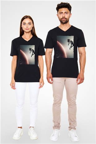 Unisex The Expanse Baskılı Siyah V Yaka Tshirt