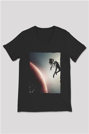 Unisex The Expanse Baskılı Siyah V Yaka Tshirt