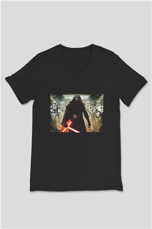 Unisex The Force Awakens Kylo Ren Baskılı Siyah V Yaka T-shirt