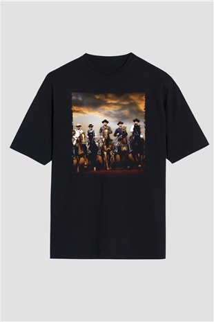 Unisex The Magnificent Seven Baskılı Siyah Oversize T-shirt