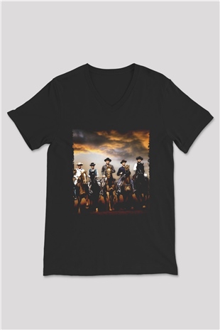 Unisex The Magnificent Seven Baskılı Siyah V Yaka T-shirt