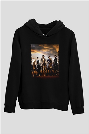 Unisex The Magnificent Seven Baskılı Siyah Kapüşonlu Sweatshirt
