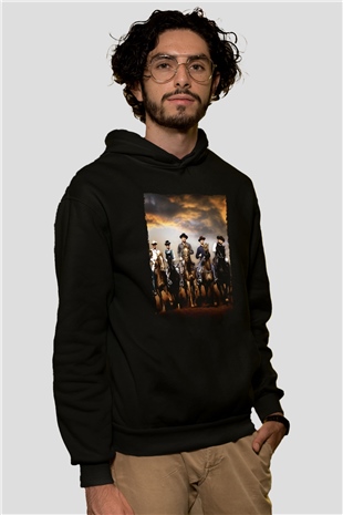 Unisex The Magnificent Seven Baskılı Siyah Kapüşonlu Sweatshirt