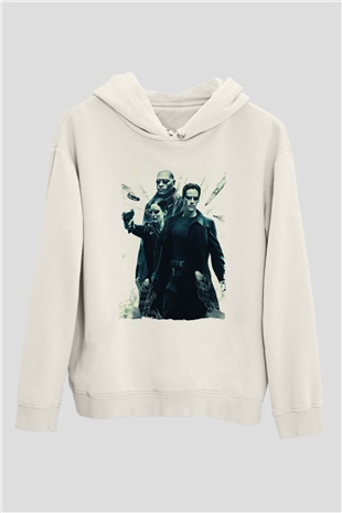 Unisex The Matrix Baskılı Beyaz Kapüşonlu Sweatshirt