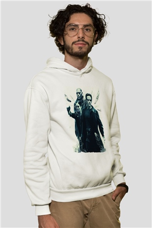Unisex The Matrix Baskılı Beyaz Kapüşonlu Sweatshirt