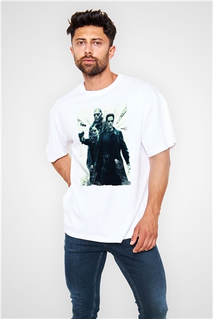 Unisex The Matrix Baskılı Beyaz Oversize Oversize T-shirt