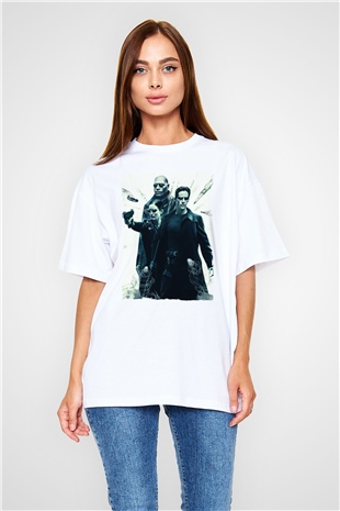 Unisex The Matrix Baskılı Beyaz Oversize Oversize T-shirt