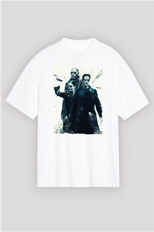 Unisex The Matrix Baskılı Beyaz Oversize Oversize T-shirt