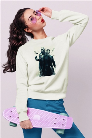 Unisex The Matrix Baskılı Beyaz Sweatshirt