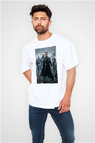 Unisex The Matrix Baskılı Beyaz Oversize T-shirt