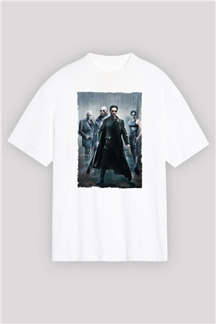 Unisex The Matrix Baskılı Beyaz Oversize T-shirt