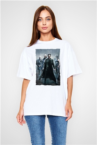 Unisex The Matrix Baskılı Beyaz Oversize T-shirt
