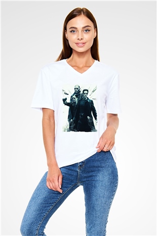 Unisex The Matrix Baskılı Beyaz V Yaka Tshirt