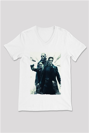 Unisex The Matrix Baskılı Beyaz V Yaka Tshirt