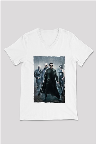 Unisex The Matrix Baskılı Beyaz V Yaka T-shirt
