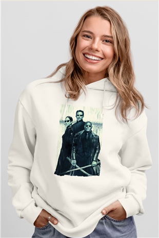Unisex The Matrix Revolutions Baskılı Beyaz Kapüşonlu Sweatshirt