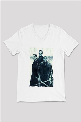Unisex The Matrix Revolutions Baskılı Beyaz V Yaka Tişört