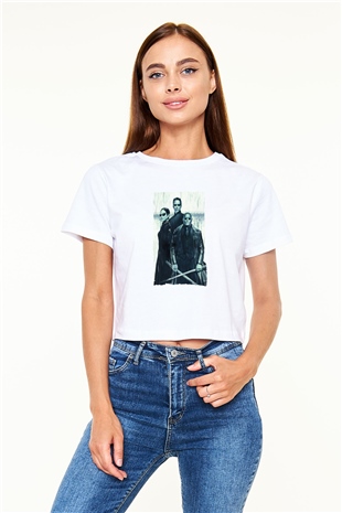 Unisex The Matrix Revolutions Baskılı Beyaz Crop Top Tişört