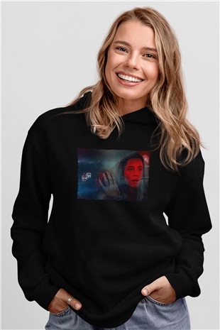 Unisex The Night House Baskılı Siyah Kapüşonlu Sweatshirt