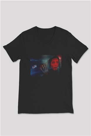 Unisex The Night House Baskılı Siyah V Yaka Tişört