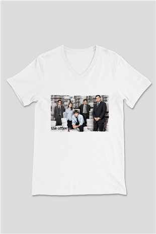 Unisex The Office Baskılı Beyaz V Yaka Tişört