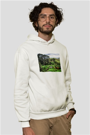 Unisex The Shire Baskılı Beyaz Kapüşonlu Sweatshirt