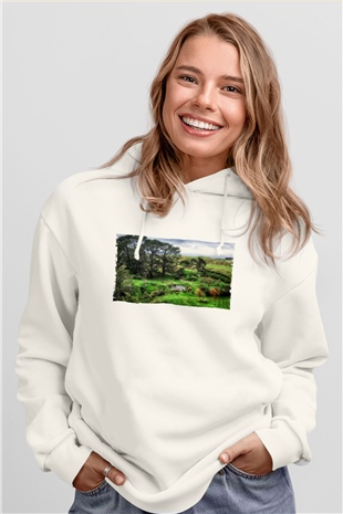 Unisex The Shire Baskılı Beyaz Kapüşonlu Sweatshirt