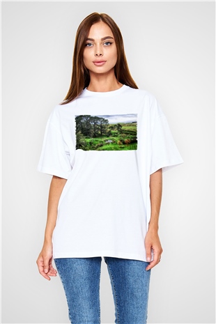 Unisex The Shire Baskılı Beyaz Oversize Oversize T-shirt