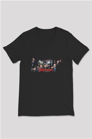 Unisex The Sopranos Baskılı Siyah V Yaka T-shirt