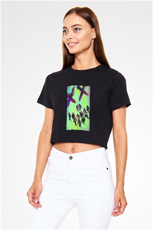 Unisex The Suicide Squad İntihar Timi (The Suicide Squad) Baskılı Siyah Crop Top T-shirt